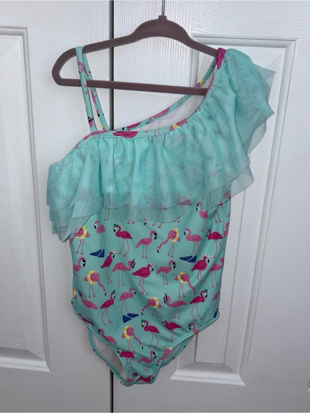 Janie and Jack Aqua One-Shoulder Flamingo Ruffle Swimsuit
